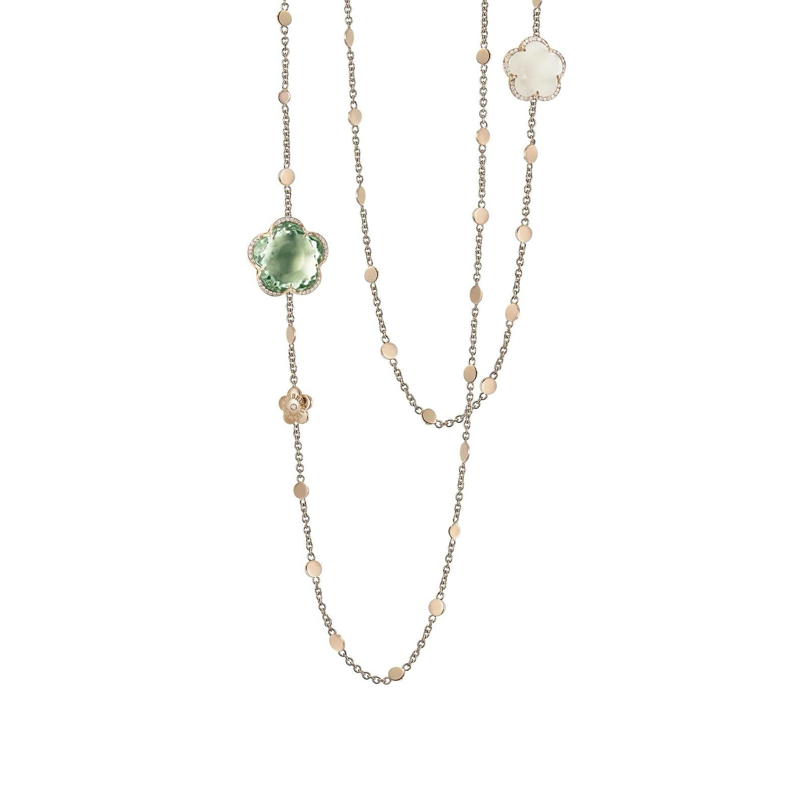 Bon Ton necklace made of rose gold with prasiolite, milky quartz and diamonds