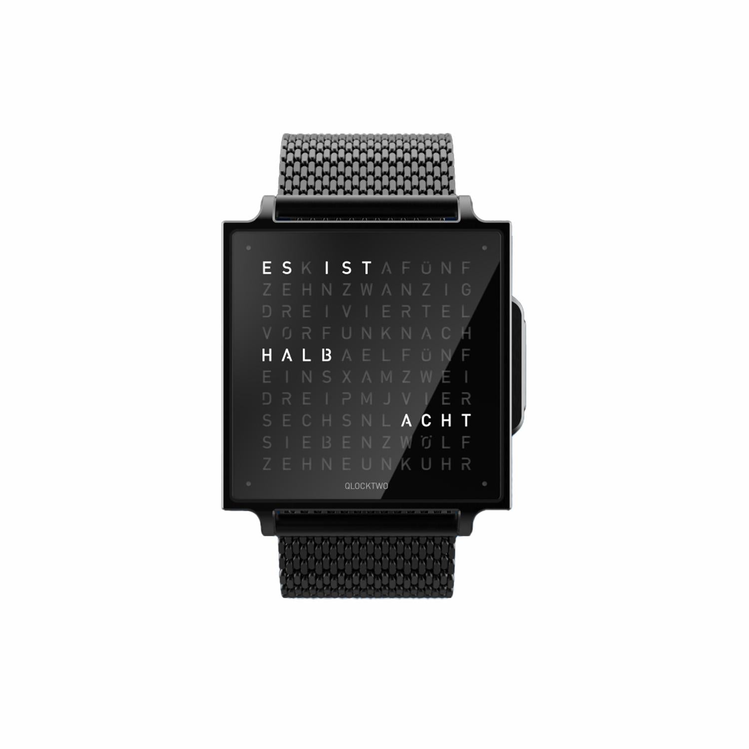 Qlocktwo Armbanduhr W – Edelstahl mit schwarzem Zifferblatt (Ref. QTW BS)